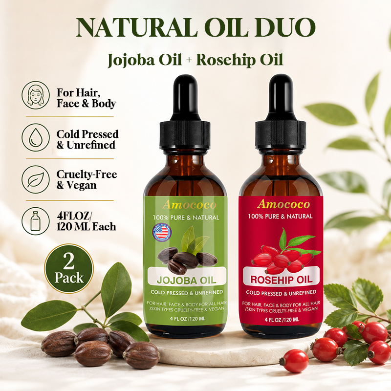 Cold Pressed Rose Hip - Amococo น้ำมันบำรุงผิวหน้าและเส้นผมจากน้ำมันโจโจบาและโรสฮิป 2 ชิ้น น้ำมันบำรุงผิวสกัดเย็น บำรุงผิวให้ชุ่มชื้น